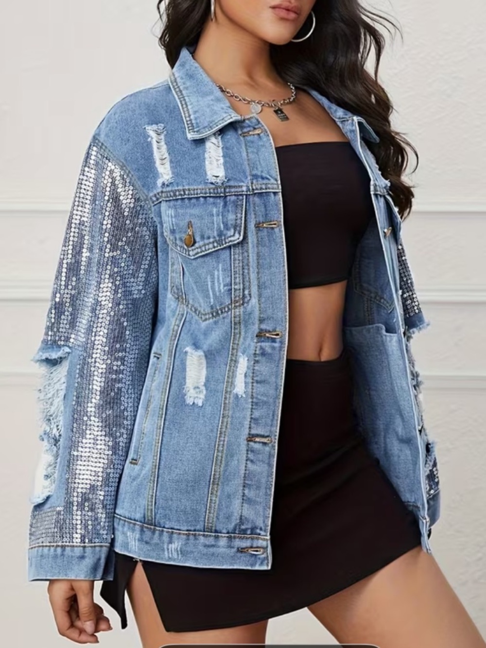 Blue Distressed Sequin Sleeve Denim Jacket Trendy Women's Spring Fashion Coat - Picture 2 of 6